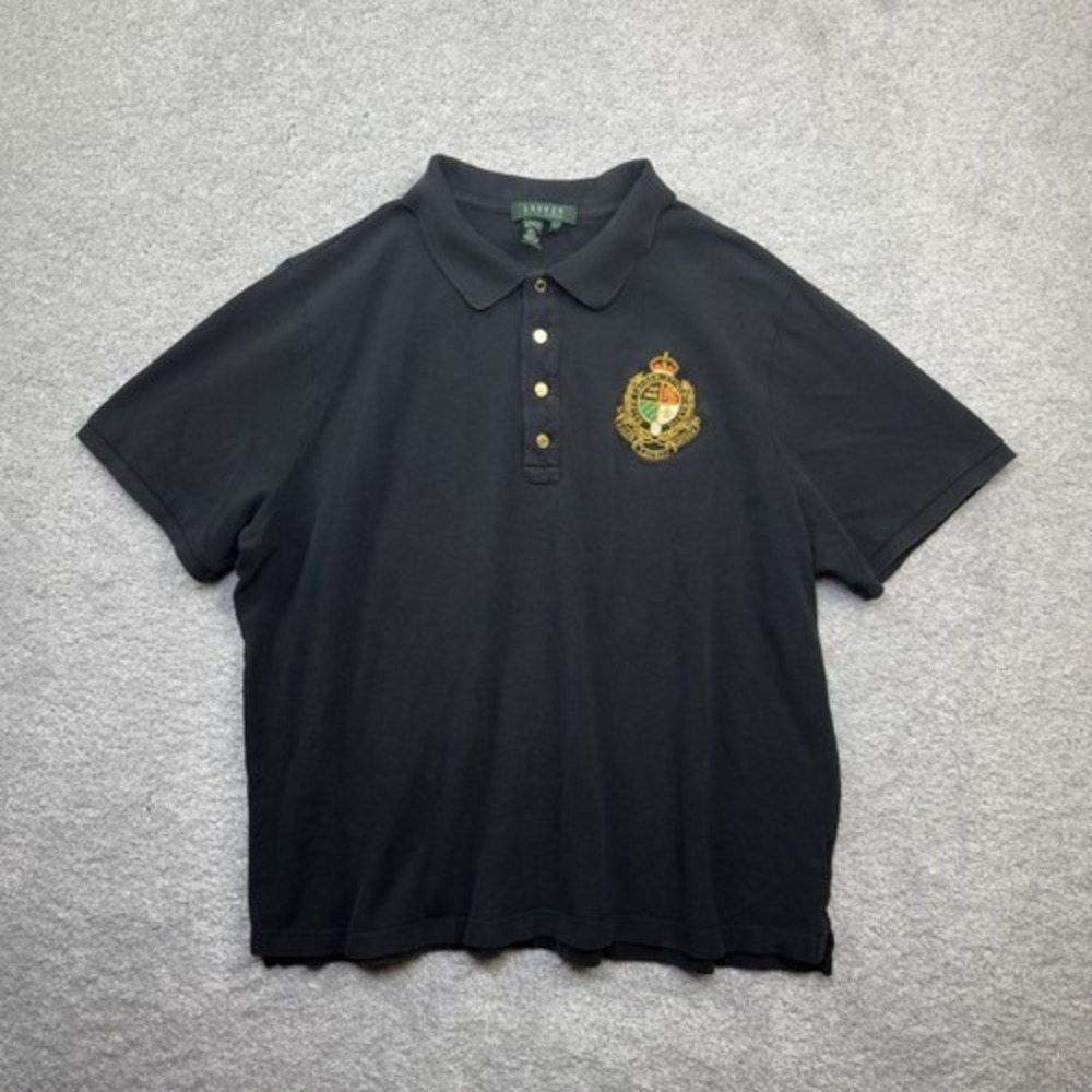 Vintage Lauren Ralph Lauren Women's 2X Black Crest Polo Shirt Gold Buttons